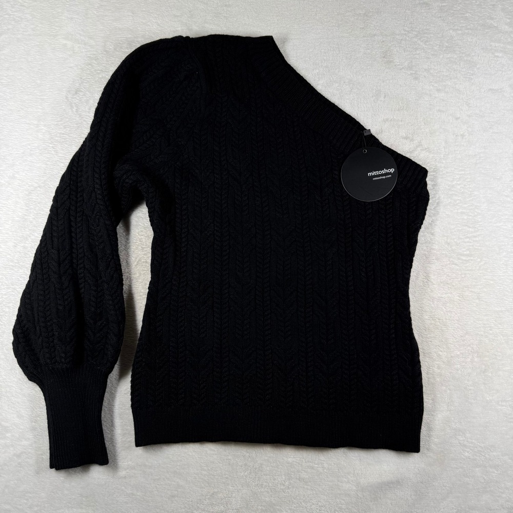 Mittoshop Womens Black One Shoulder Cable Knit Balloon Sleeve Sweater H20597 L